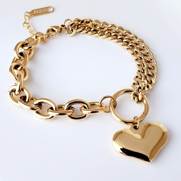 NEW 18k Gold Plated Asymmetric Layered Curb & Link Chain Heart Charm Bracelet - Picture 2 of 8